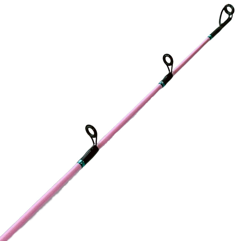 Load image into Gallery viewer, #55 Limited Edition &quot;ProPink&quot; Carbon Elite 09 7&#39;6&quot; 8-15lb Inshore. Top and two eyelets showing. Eyes wrapped with black and teal. Rod blank painted pink. 

