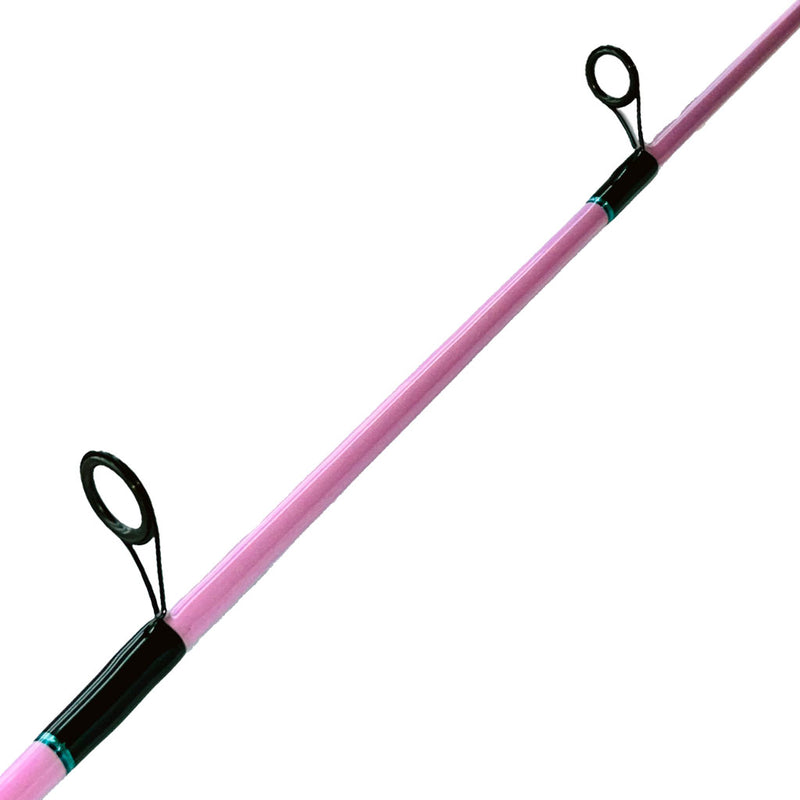 Load image into Gallery viewer, #55 Limited Edition &quot;ProPink&quot; Carbon Elite 09 7&#39;6&quot; 8-15lb Inshore. Two eyelets showing wrapped with black and metallic teal. Rod blank painted pink. 
