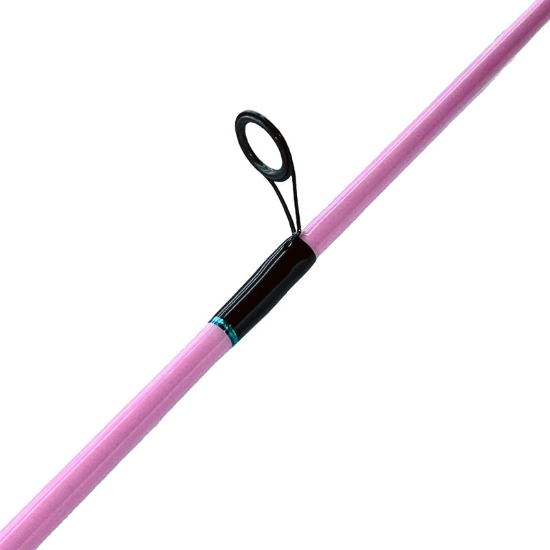 Load image into Gallery viewer, #55 Limited Edition &quot;ProPink&quot; Carbon Elite 09 7&#39;6&quot; 8-15lb Inshore. Bottom eyelet showing wrapped in black and metallic teal. Rod blank painted pink. 
