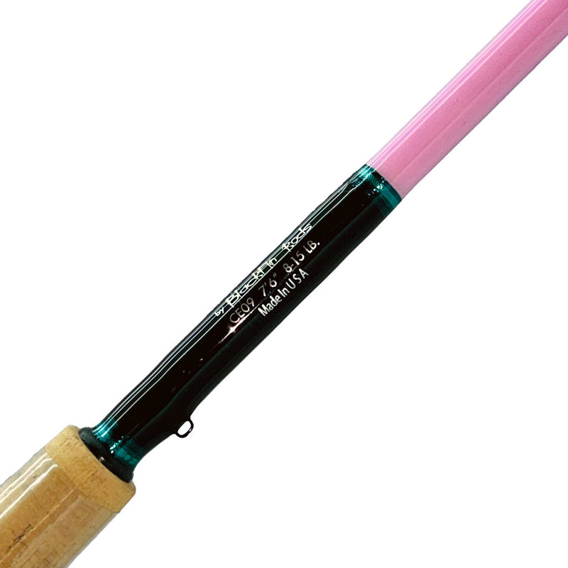 Load image into Gallery viewer, #55 Limited Edition &quot;ProPink&quot; Carbon Elite 09 7&#39;6&quot; 8-15lb Inshore. Rod specs shown in silver. Butt wrap is all black with metallic teal trims. Partial cork and pink blank showing. 
