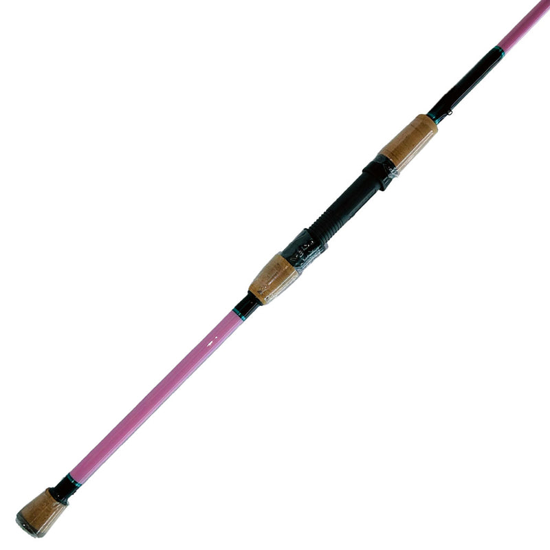 Load image into Gallery viewer, #55 Limited Edition &quot;ProPink&quot; Carbon Elite 09 7&#39;6&quot; 8-15lb Inshore. Full bottom of rod showing. Partial pink blank showing. Full split cork is shown. full reel seat is shown. Butt wrap and butt trims in black and metallic teal showing. 
