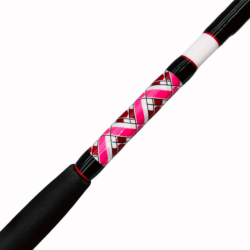 Load image into Gallery viewer, Comparable to our Fin Series Fin #161. This blade is made with an Aftco sized 24 roller top, Aftco black with silver roller guides, Eva grips and a Size 4 Aftco Collet and Ferrule. Butt wrap showing. Butt wrap is black, white, red and pink. Pink and red hearts have been wrapped into butt wrap.
