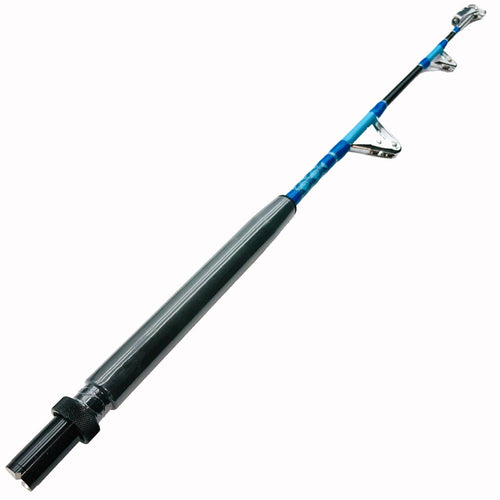 Comparable to our Fin 177 just a few inches shorter. This rod comes complete with AFTCO Swivel Top, AFTCO heavy duty guides, EVA grip, and a size 4 AFTCO Collet and Ferrule. Full rod showing. 