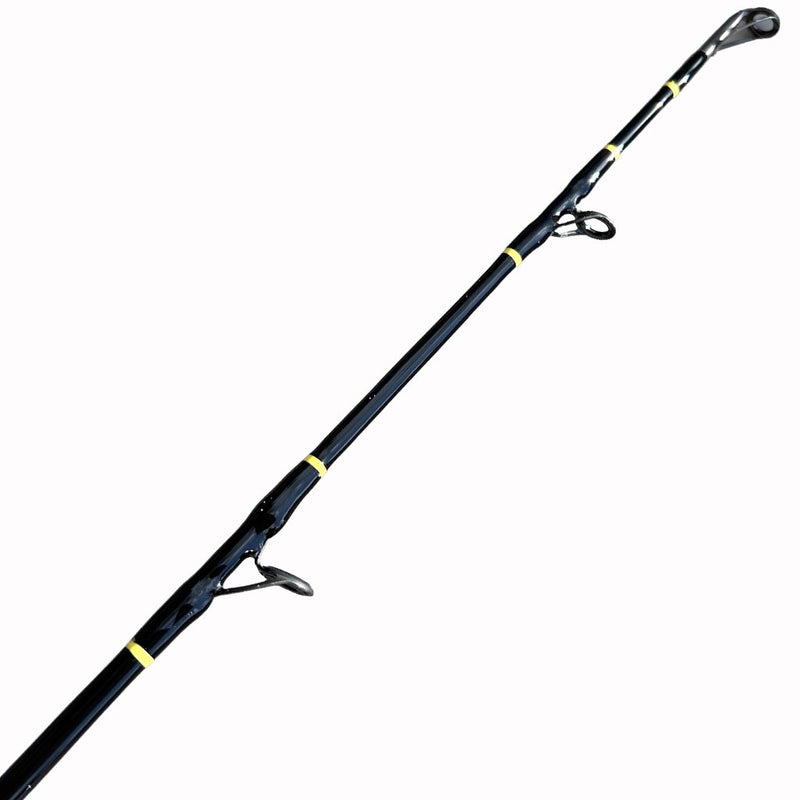 Load image into Gallery viewer, Built like our Fin #18, this spinning rod comes with Fuji alconite guides, EVA foam grips, Fuji reel seat, and metal gimble. Butt Wrap showing. All black blank with yellow trim.  Top and two eyes showing. 

