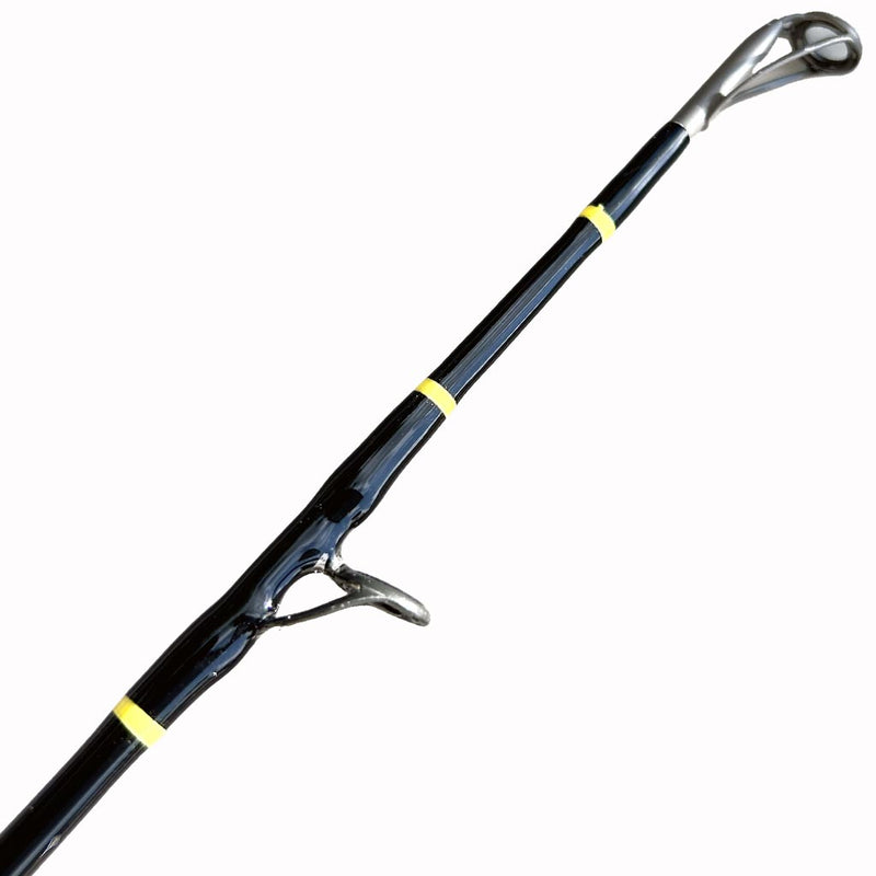 Load image into Gallery viewer, Built like our Fin #18, this spinning rod comes with Fuji alconite guides, EVA foam grips, Fuji reel seat, and metal gimble. Butt Wrap showing. All black blank with yellow trim. Top and one eye showing. 
