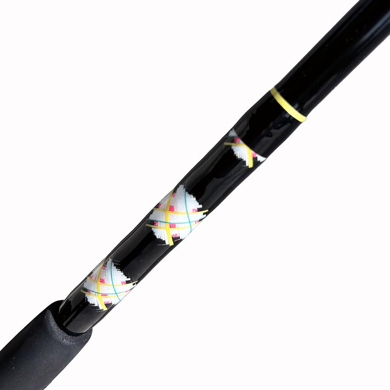 Load image into Gallery viewer, Built like our Fin #18, this spinning rod comes with Fuji alconite guides, EVA foam grips, Fuji reel seat, and metal gimble. Butt Wrap showing. All black blank with yellow trim. &quot;egg shaped&quot; wrap with teal, white, pink and yellow.  Facing forward. Partial foam grip showing. 
