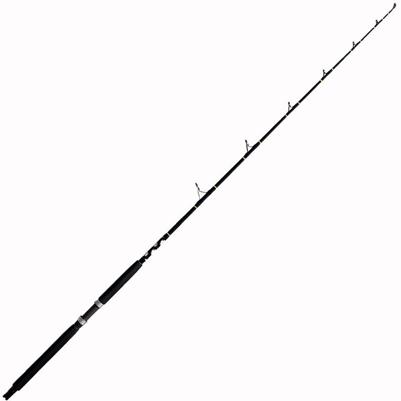 Load image into Gallery viewer, Built like our Fin #18, this spinning rod comes with Fuji alconite guides, EVA foam grips, Fuji reel seat, and metal gimble. Butt Wrap showing. All black blank with yellow trim. &quot;egg shaped&quot; wrap with teal, white, pink and yellow.  Full rod photo
