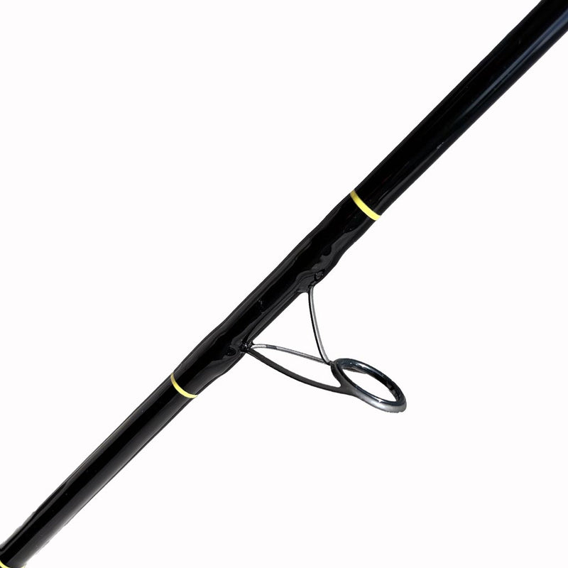 Load image into Gallery viewer, Built like our Fin #18, this spinning rod comes with Fuji alconite guides, EVA foam grips, Fuji reel seat, and metal gimble. Butt Wrap showing. All black blank with yellow trim. Bottom spinning eye showing.  
