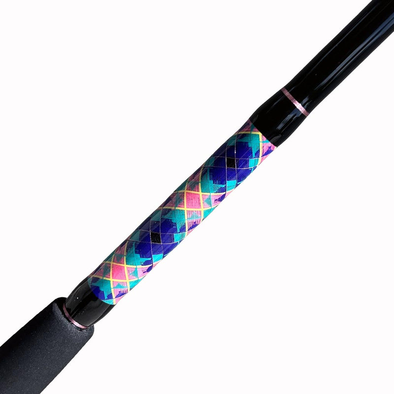 Load image into Gallery viewer, Built like our Fin #18, this spinning rod comes with Fuji alconite guides, EVA foam grips, Fuji reel seat, and metal gimble. Diamond pattern butt wrap, blue, teal, pink, and yellow.  Metallic pink trims. Partial foam grip. 
