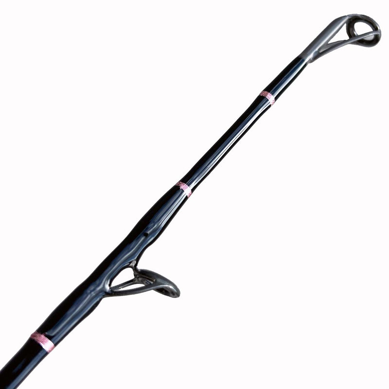 Load image into Gallery viewer, Built like our Fin #18, this spinning rod comes with Fuji alconite guides, EVA foam grips, Fuji reel seat, and metal gimble.  Top and eyelet showing. Metallic pink trims for guide wrap. 
