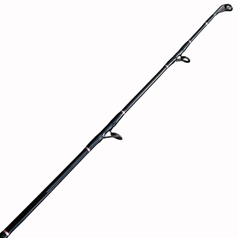 Load image into Gallery viewer, Built like our Fin #18, this spinning rod comes with Fuji alconite guides, EVA foam grips, Fuji reel seat, and metal gimble. Top and two eyelets showing. Metallic pink trims for guide wrap. 

