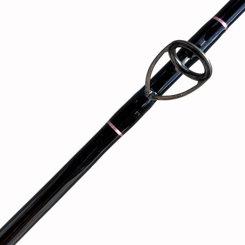 Load image into Gallery viewer, Built like our Fin #18, this spinning rod comes with Fuji alconite guides, EVA foam grips, Fuji reel seat, and metal gimble. Bottom eyelet front facing view. Metallic pink trims for the guide wrap. 
