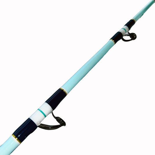 Built just like our Fin 139, this beautiful rod comes equipped with Big Game Cork, Black Winthrop Epic Butt, Fuji heavy duty guides and top. Painted sky blue blank. Navy blue, white, gold, and teal trims. two guides showing. 