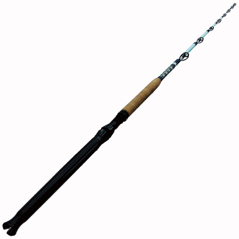 Load image into Gallery viewer, Built just like our Fin 139, this beautiful rod comes equipped with Big Game Cork, Black Winthrop Epic Butt, Fuji heavy duty guides and top. Full length photo, painted blue blank, dark blue, gold and white wrap. 
