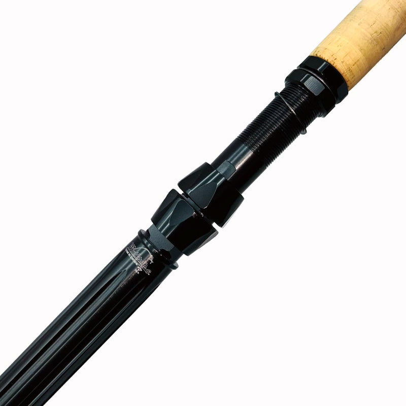 Load image into Gallery viewer, Built just like our Fin 139, this beautiful rod comes equipped with Big Game Cork, Black Winthrop Epic Butt, Fuji heavy duty guides and top. Partial cork grip showing. Reel seat section of the Winthrop epic butt showing with the Winthrop logo in white. 
