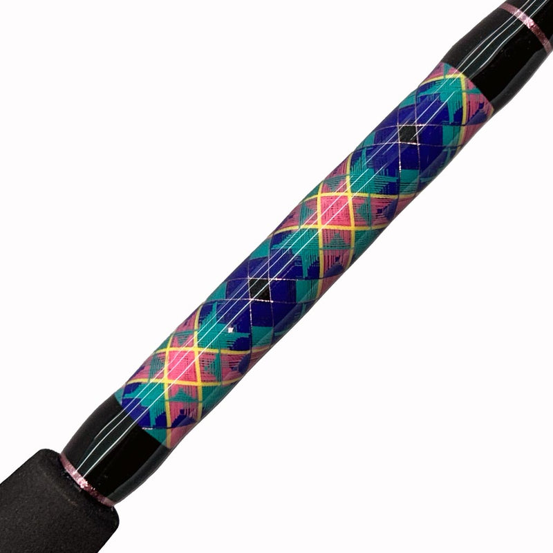 Load image into Gallery viewer, #76 Limited Edition &quot;Seas the Moment&quot; 7&#39; 30lb Spinning Rod. Butt wrap is shown. Puzzle diamond pattern, pink, yellow, blue, and teal. Trims are metallic pink. 
