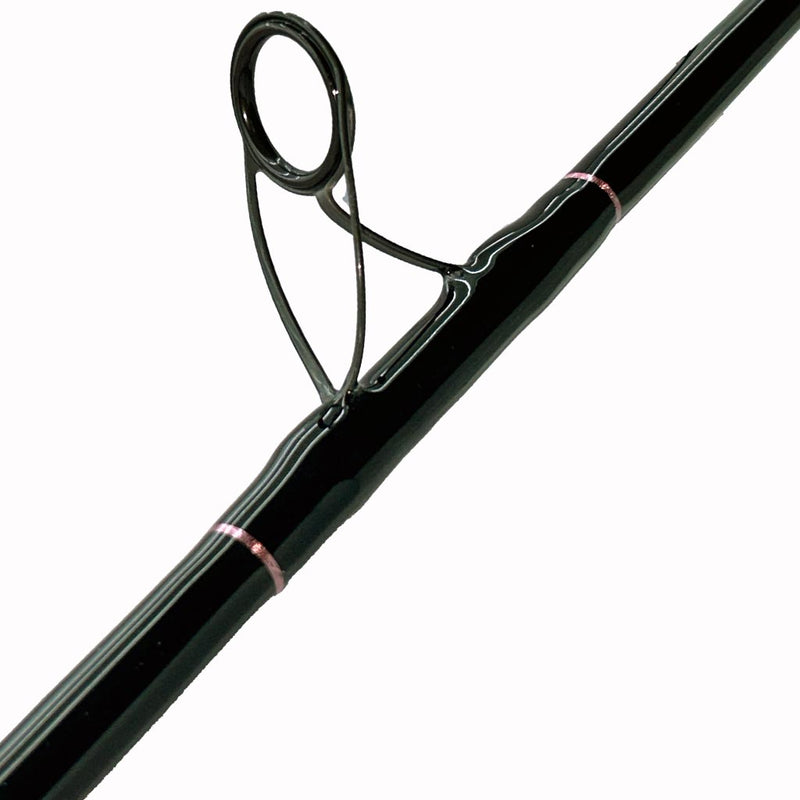 Load image into Gallery viewer, #76 Limited Edition &quot;Seas the Moment&quot; 7&#39; 30lb Spinning Rod.  Bottom eyelet is shown. Guide trims are metallic pink. 

