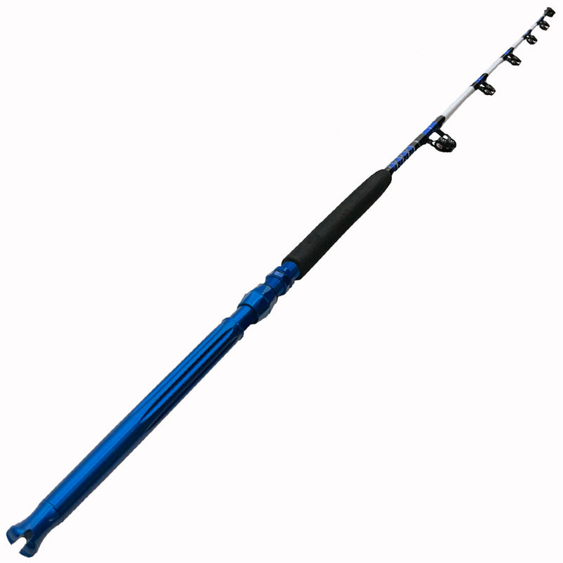 Load image into Gallery viewer, #78 Limited Edition 6&#39;6&quot; 50-80lb Stand-Up Fishing Rod. Full rod shown in photo. White painted blank, black, blue and silver wrap.
