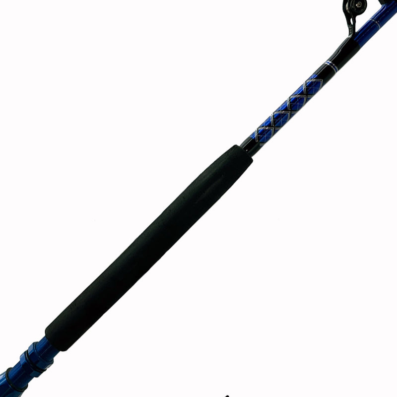 Load image into Gallery viewer, #78 Limited Edition 6&#39;6&quot; 50-80lb Stand-Up Fishing Rod. Butt wrap shown in diamond pattern, black, silver and metallic blue. Foam grip shown and partial blue epic butt. 
