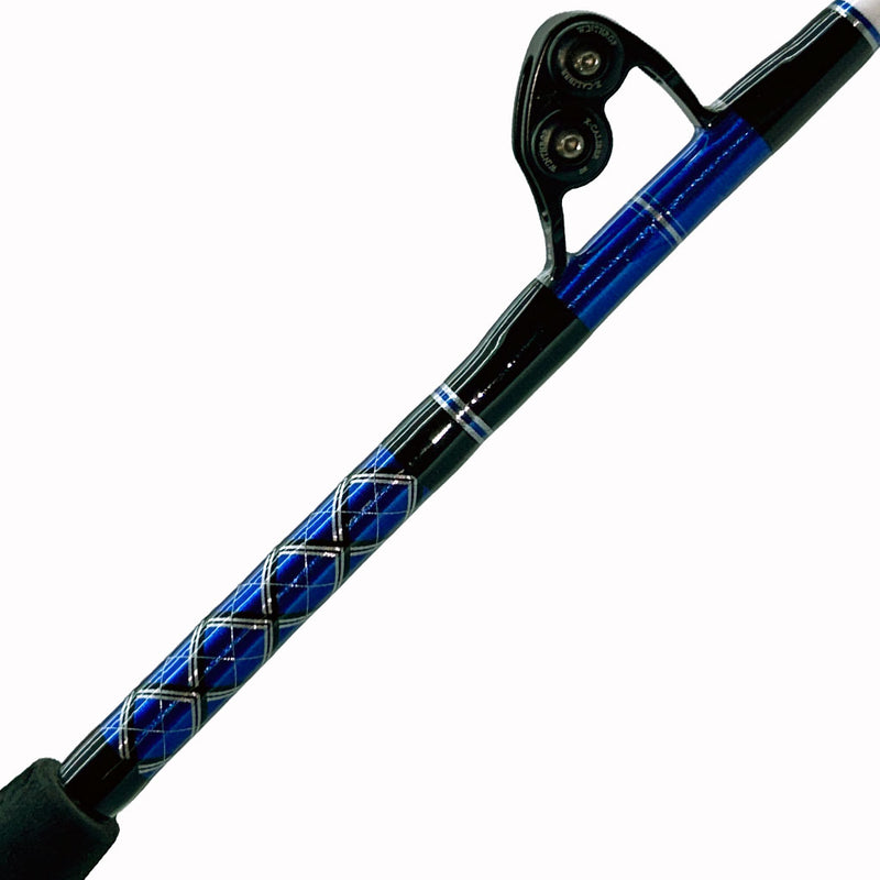 Load image into Gallery viewer, #78 Limited Edition 6&#39;6&quot; 50-80lb Stand-Up Fishing Rod. First bottom guide shown. Butt wrap shown, diamond pattern. Silver, metallic blue and black.
