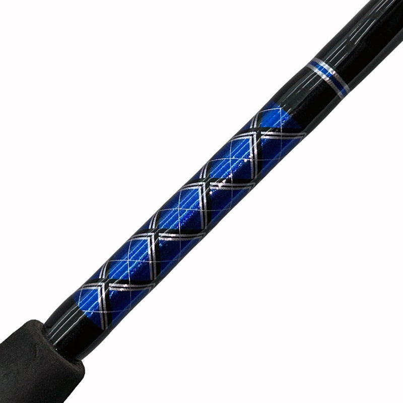 Load image into Gallery viewer, #78 Limited Edition 6&#39;6&quot; 50-80lb Stand-Up Fishing Rod. Butt wrap shown in diamond pattern. Black, Silver and metallic blue. 
