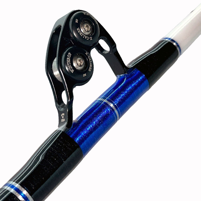 Load image into Gallery viewer, #78 Limited Edition 6&#39;6&quot; 50-80lb Stand-Up Fishing Rod. Bottom Bushing guide shown. Silver, metallic blue and black trims.
