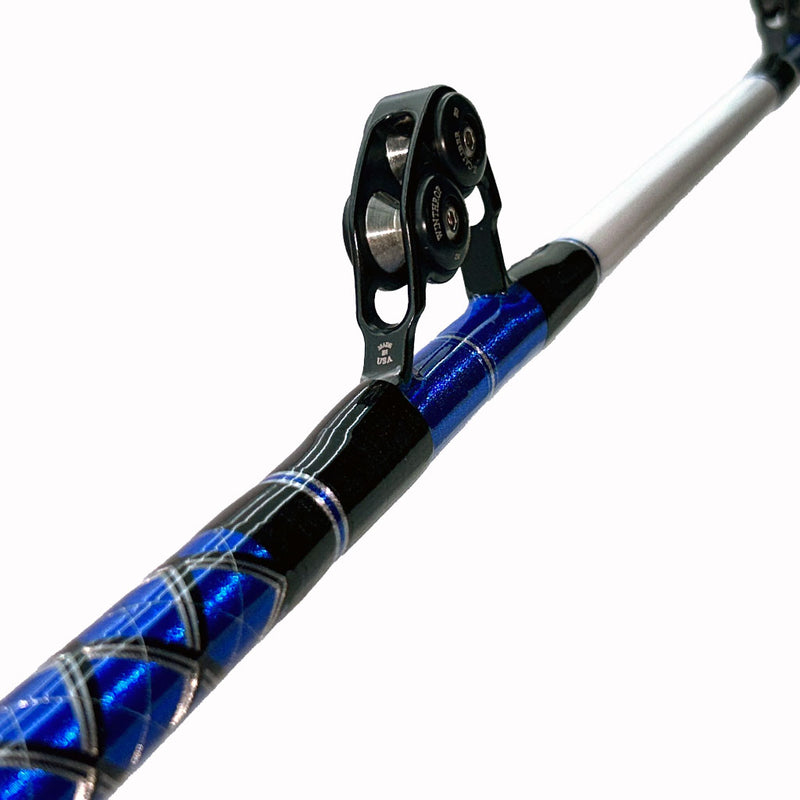 Load image into Gallery viewer, #78 Limited Edition 6&#39;6&quot; 50-80lb Stand-Up Fishing Rod. Bottom guide shown. Silver, metallic blue and black trims. Partial butt wrap shown.
