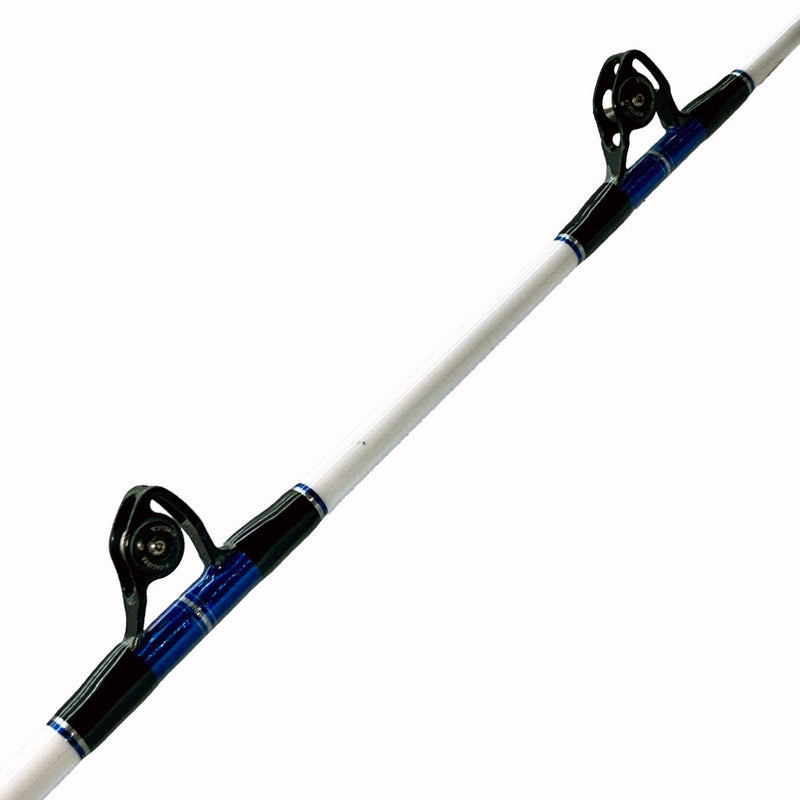 Load image into Gallery viewer, #78 Limited Edition 6&#39;6&quot; 50-80lb Stand-Up Fishing Rod. Two bushing roller guides shown. Silver, metallic blue and black trims.
