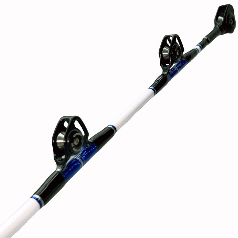 Load image into Gallery viewer, #78 Limited Edition 6&#39;6&quot; 50-80lb Stand-Up Fishing Rod. Top and two roller bushing guides shown. Silver metallic blue and black trims. 
