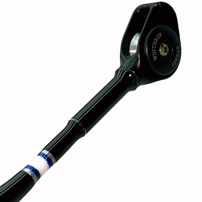 Load image into Gallery viewer, #78 Limited Edition 6&#39;6&quot; 50-80lb Stand-Up Fishing Rod. Winthrop roller top shown from side. Black, metallic blue, and silver .
