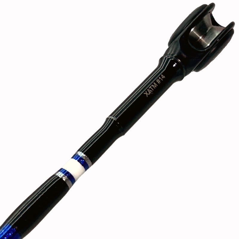 Load image into Gallery viewer, #78 Limited Edition 6&#39;6&quot; 50-80lb Stand-Up Fishing Rod. Top shown from back side. Silver, metallic blue and black trims. 
