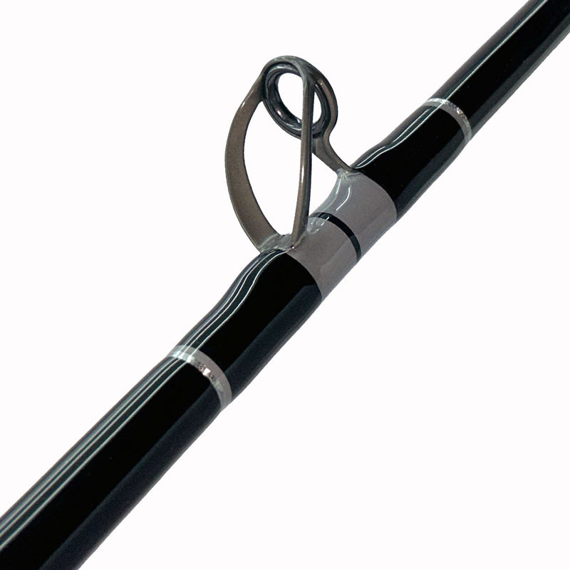 Load image into Gallery viewer, #79 Limited Edition 7&#39; 30-50lb Bottom Fishing Rod. Bottom eyelet shown. Black, silver and gray trims.

