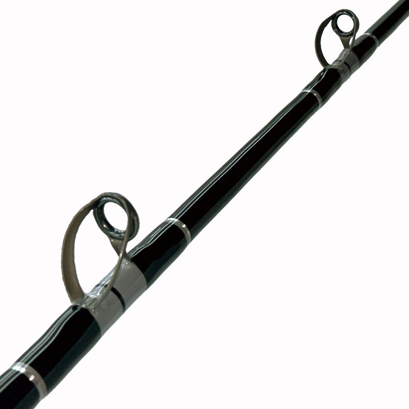 Load image into Gallery viewer, #79 Limited Edition 7&#39; 30-50lb Bottom Fishing Rod. First two eyelets shown. Gray, silver and black trims. 
