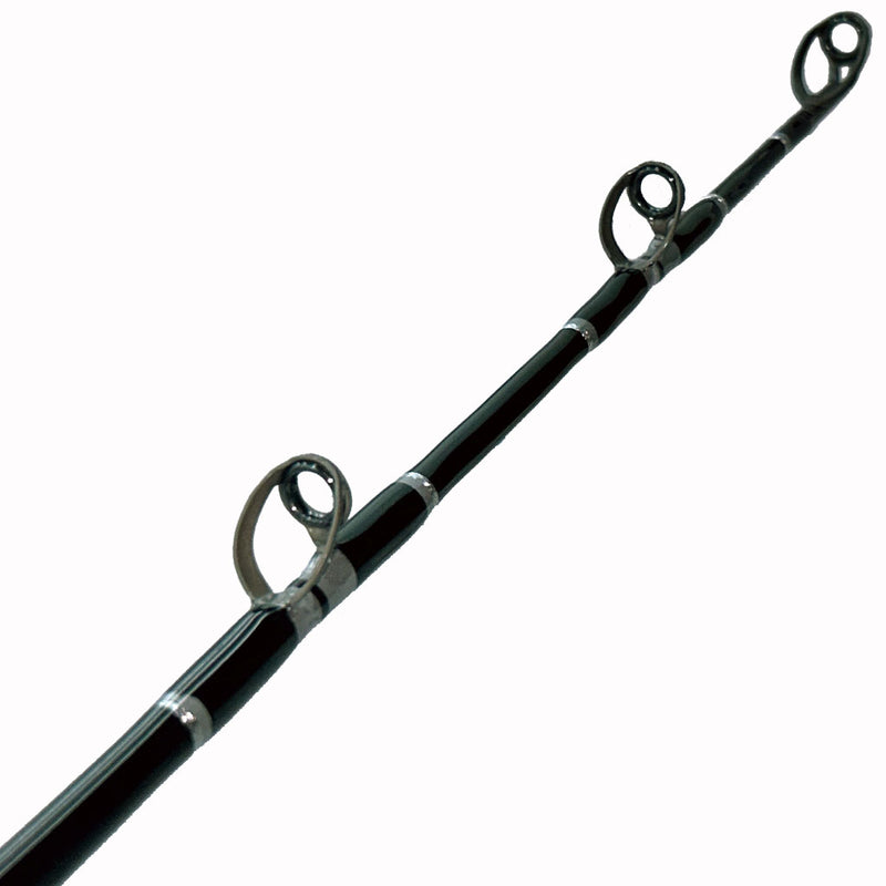 Load image into Gallery viewer, #79 Limited Edition 7&#39; 30-50lb Bottom Fishing Rod. Top and first two eyelets shown. Grey, black and silver trims.
