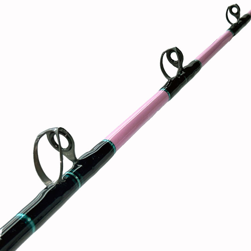 Load image into Gallery viewer, #81 Limited Edition ProPink #081 6&#39;0&quot; 30-50lb Rod.  First 3 eyelets photo. Painted pink blank, black and teal trims.
