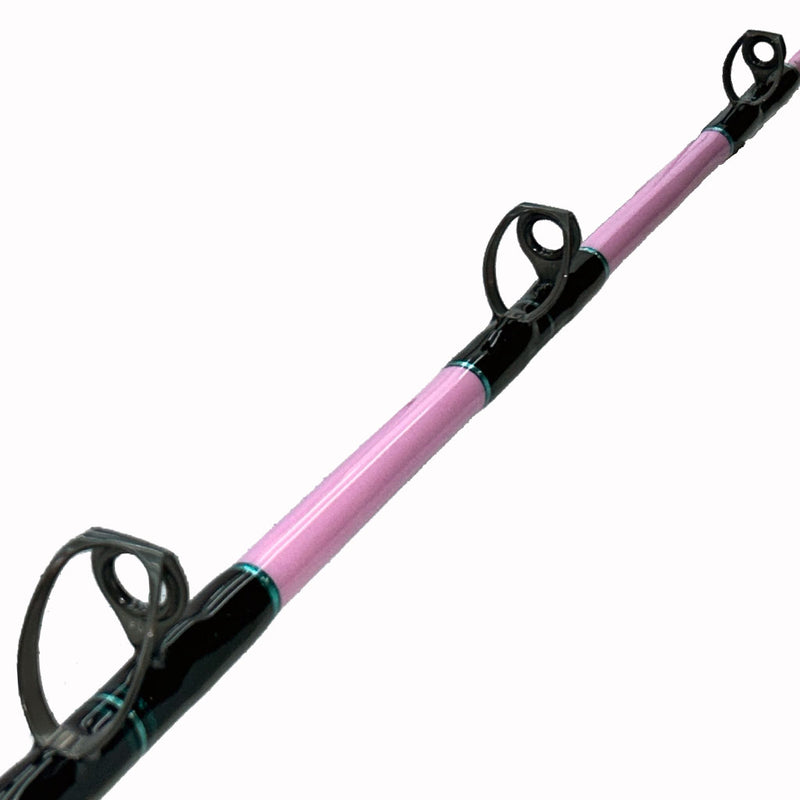 Load image into Gallery viewer, #81 Limited Edition ProPink #081 6&#39;0&quot; 30-50lb Rod. First 3 eyelets photo. Painted pink blank, blank and teal trims. 
