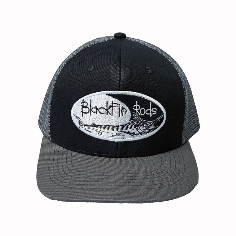 Load image into Gallery viewer, Black and Dark Gray Trucker hat, White and Black Blackfin Logo. Front view.
