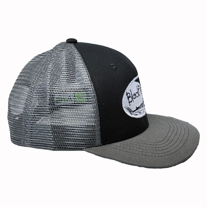 Load image into Gallery viewer, Black and Dark Gray Trucker hat, White and Black Blackfin Logo. Side view.