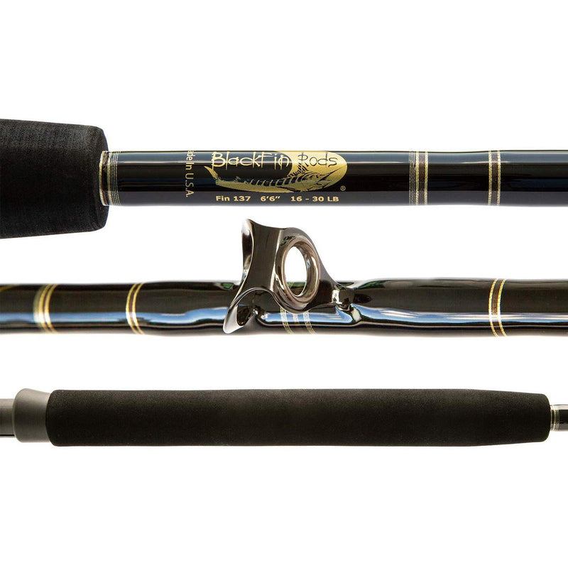 Load image into Gallery viewer, Blackfin Rods Fin 137 Fishing Rod 6'6" Rod 16-30lb Line Weight Circle Hook Rod Fuji aluminum oxide guides Stuart slick butts and metal gimbals Fuji graphite reel seats The blanks are a very slow in action and have a parabolic action that is ideal for use of circle hooks. Greatly increasing hook up ratios Targeted Species: Tuna, Kingfish, Sailfish, Mahi Mahi