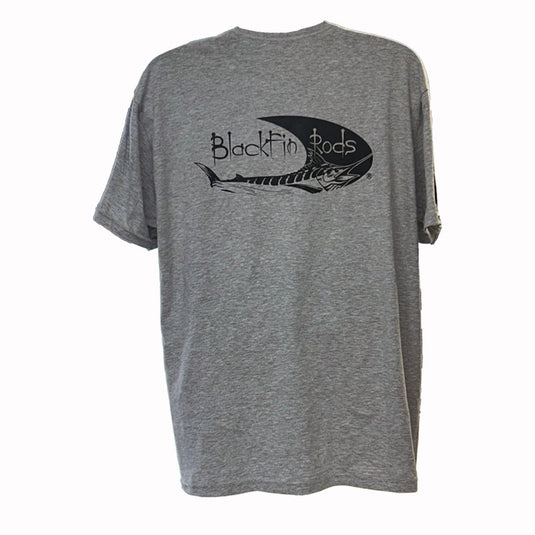 Blackfin Shirt Heather Gray Back Side. Large Logo on back.