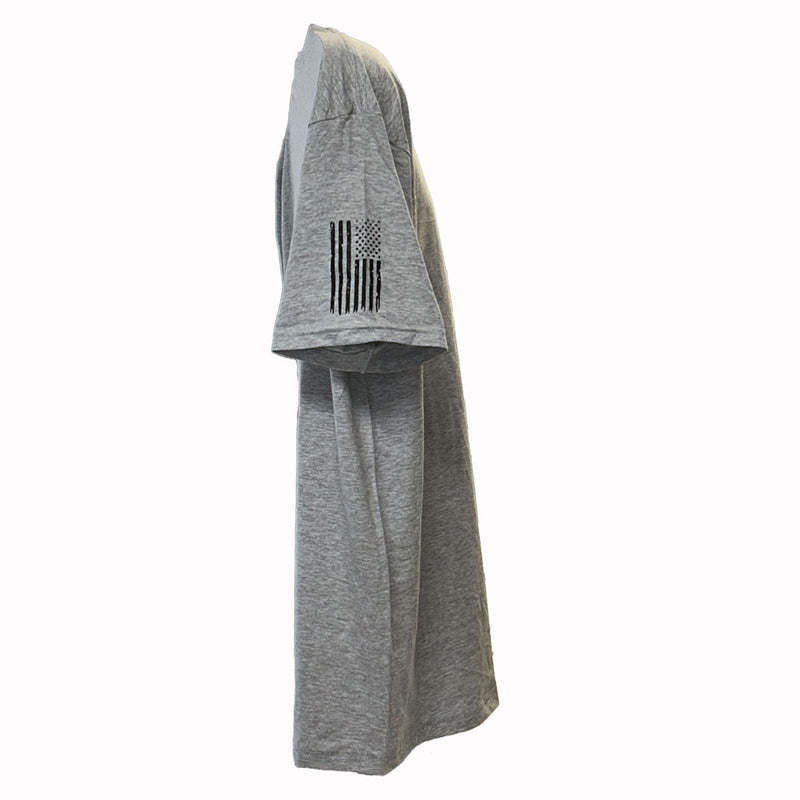 Load image into Gallery viewer, Blackfin Shirt Heather Gray Side view. American Flag Logo on sleeve.