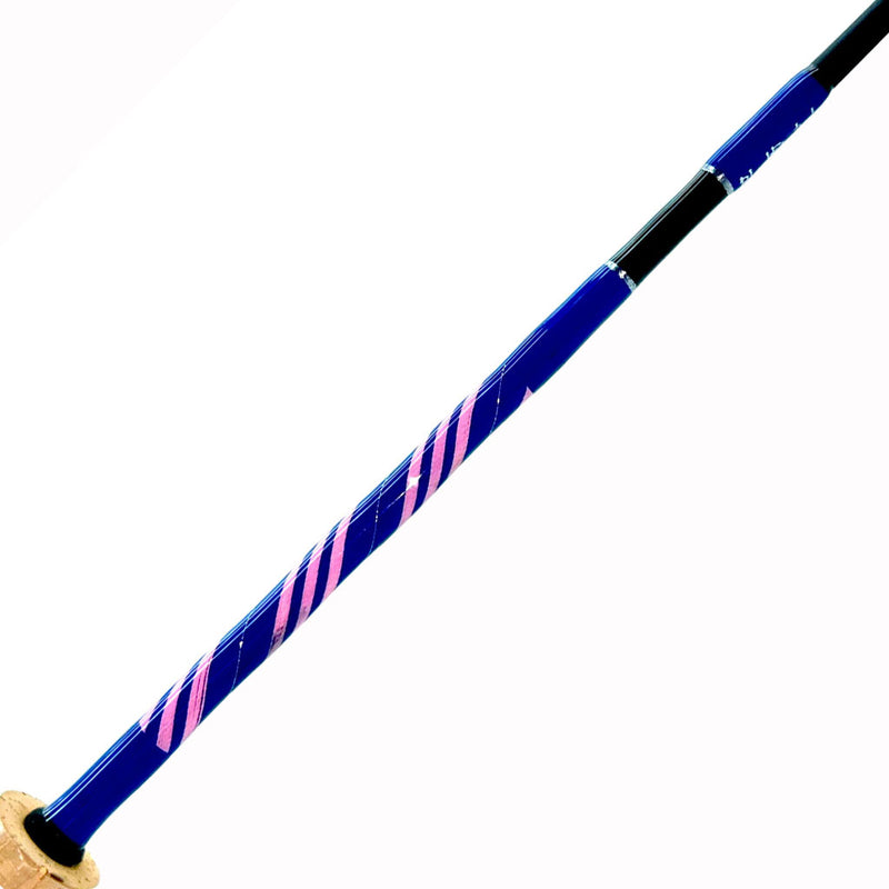 Load image into Gallery viewer, Li'l Finz purple and pink. Butt wrap shown. All  purple, pink spiral and silver trims. All black torray carbon blank. Partial cork grip shown.