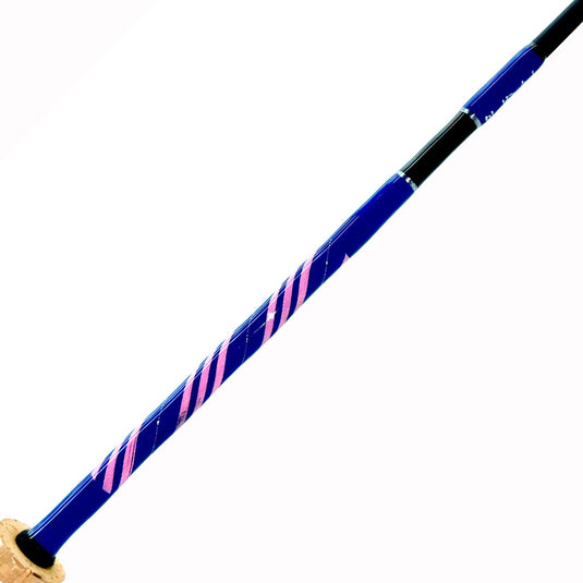 Li'l Finz purple and pink. Butt wrap shown. All  purple, pink spiral and silver trims. All black torray carbon blank. Partial cork grip shown.