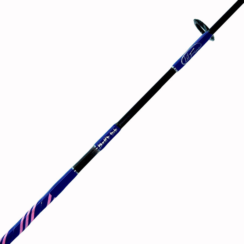 Load image into Gallery viewer, Li'l Finz purple and pink. Purple and silver trims. Blackfin and Li'l finz label in silver. Partial butt wrap and eyelet from back shown. All black toray carbon blank.