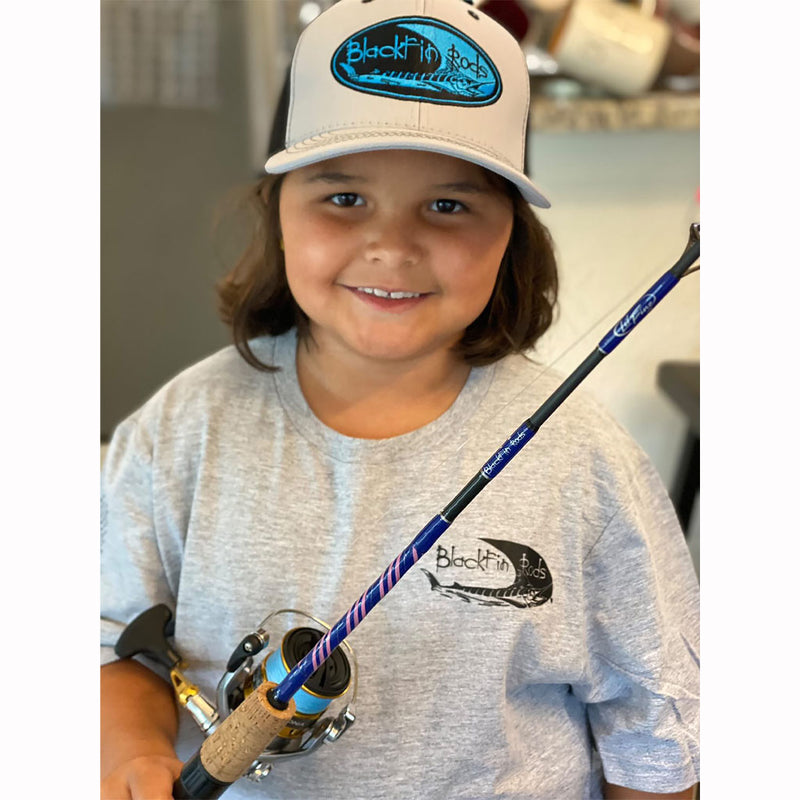 Load image into Gallery viewer, Riley sporting her Blackfin Heather Gray shirt, size Small.