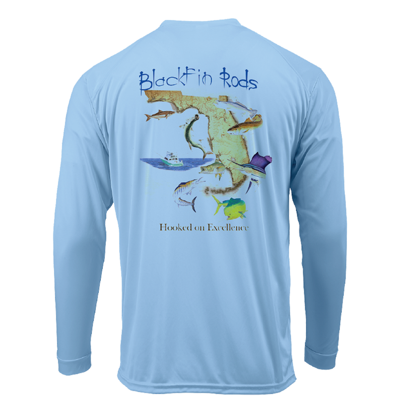 Load image into Gallery viewer, Two sided, Dri-fit, UPF 50, long sleeve surf shirt with Blackfin logo on front and Florida map on back. Blue back