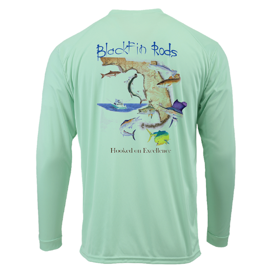 Two sided, Dri-fit, UPF 50, long sleeve surf shirt with Blackfin logo on front and Florida map on back. Green back