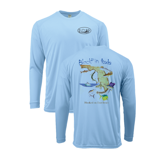 Two sided, Dri-fit, UPF 50, long sleeve surf shirt with Blackfin logo on front and Florida map on back. Blue front and back