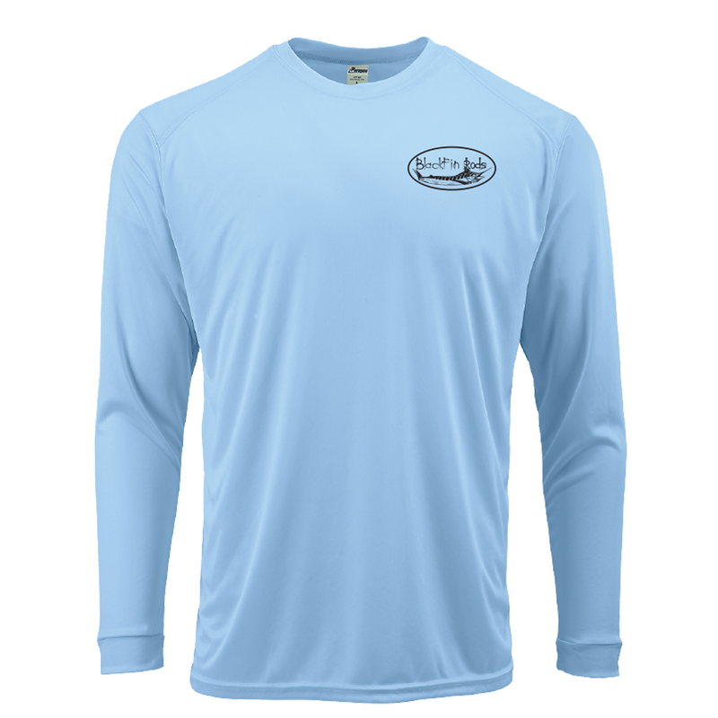 Load image into Gallery viewer, Two sided, Dri-fit, UPF 50, long sleeve surf shirt with Blackfin logo on front and Florida map on back. Blue front