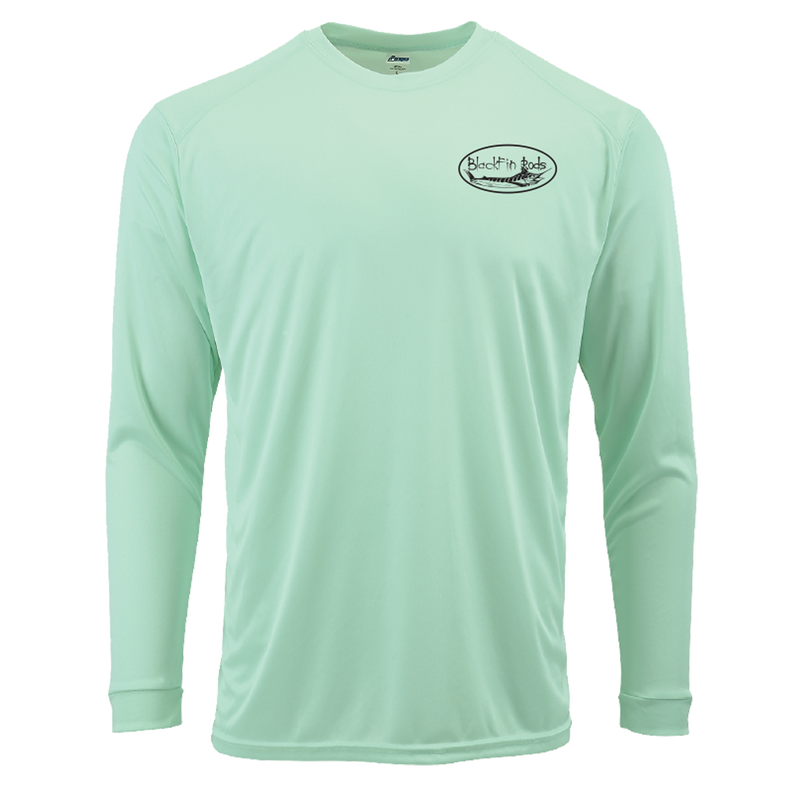 Load image into Gallery viewer, Two sided, Dri-fit, UPF 50, long sleeve surf shirt with Blackfin logo on front and Florida map on back. Green front